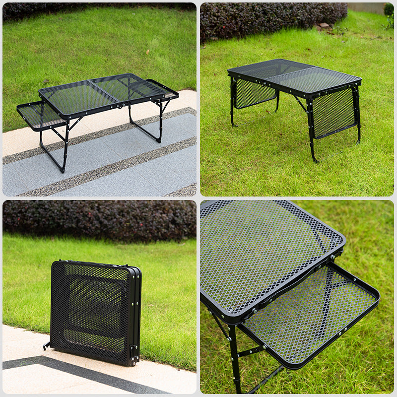 Black Portable Camping Table Heat Resistant Steel Mesh Top Foldable BBQ Desk with Side Wings Adjustable Height Aluminium Frame for Outdoor Picnic