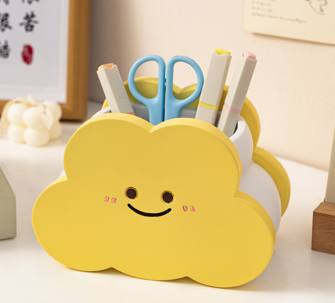 2 Pack Cute Desk Organiser Set Yellow Resin Cloud Pen Holder and Pink Plush Cat Tissue Box Cover for Home Office and Car Decor