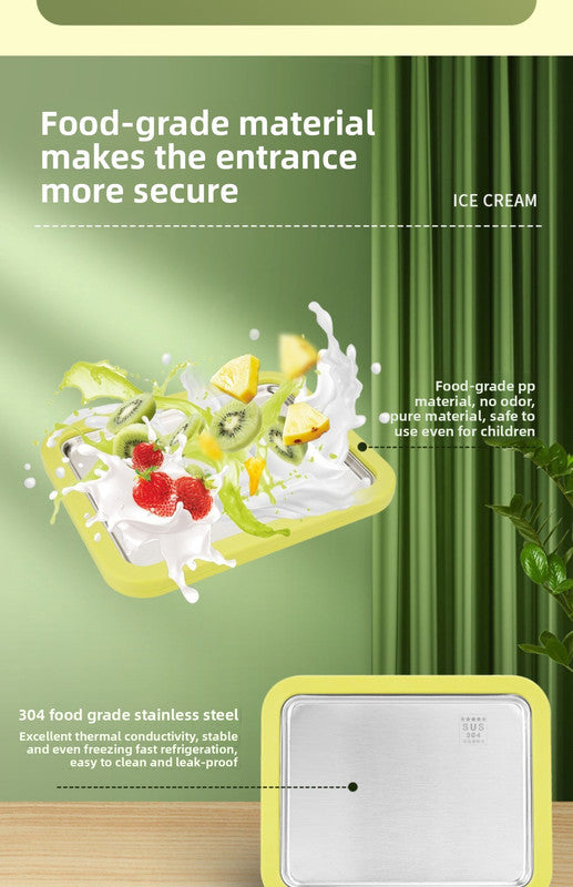Green DIY Rolled Ice Cream Maker Pan Instant Frozen Yoghurt & Sorbet Tray 304 Stainless Steel No Electricity Required with Spatulas