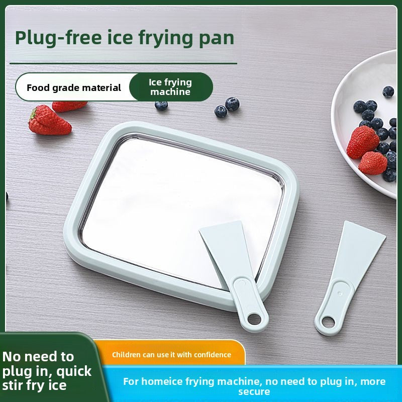 Green DIY Rolled Ice Cream Maker Pan Instant Frozen Yoghurt & Sorbet Tray 304 Stainless Steel No Electricity Required with Spatulas