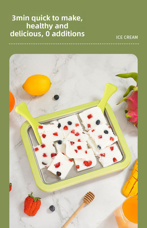 White DIY Rolled Ice Cream Maker Pan Instant Frozen Yoghurt & Sorbet Tray 304 Stainless Steel No Electricity Required with Spatulas