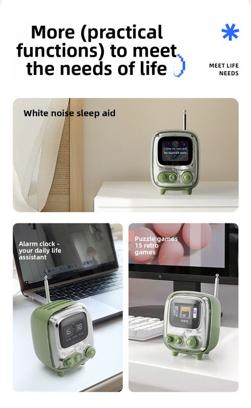 Green Retro Pixel Art Bluetooth Speaker Smart Desktop Audio with LED Display DIY Animation Alarm Clock and Mini Games