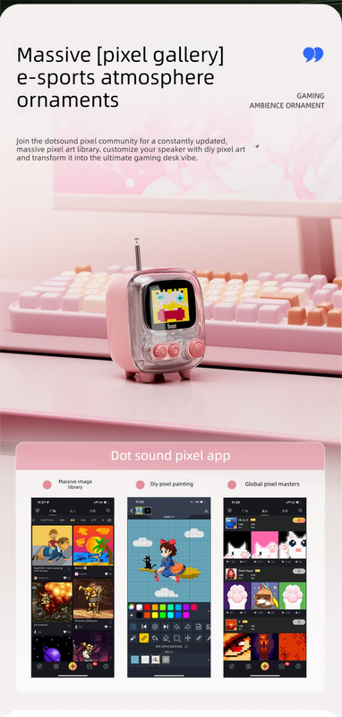 Pink Retro Pixel Art Bluetooth Speaker Smart Desktop Audio with LED Display DIY Animation Alarm Clock and Mini Games