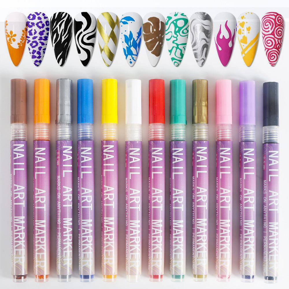 12 Piece Nail Art Graffiti Pen Set Acrylic Fine Tip Paint Markers for DIY Manicure & Salon Designs Waterproof Quick Dry
