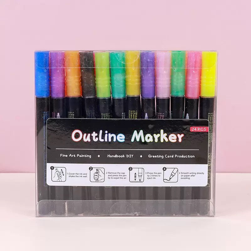 24 Piece Double Line Outline Pen Set Glitter Paint Markers 12 Colors Self-Outline Metallic Shimmer Pens for DIY Crafts Cards