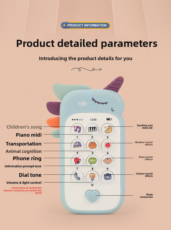 Unicorn Ba Toy Phone Music & Light Learning Mobile Teether for Toddlers Interactive English Educational Gift Yellow
