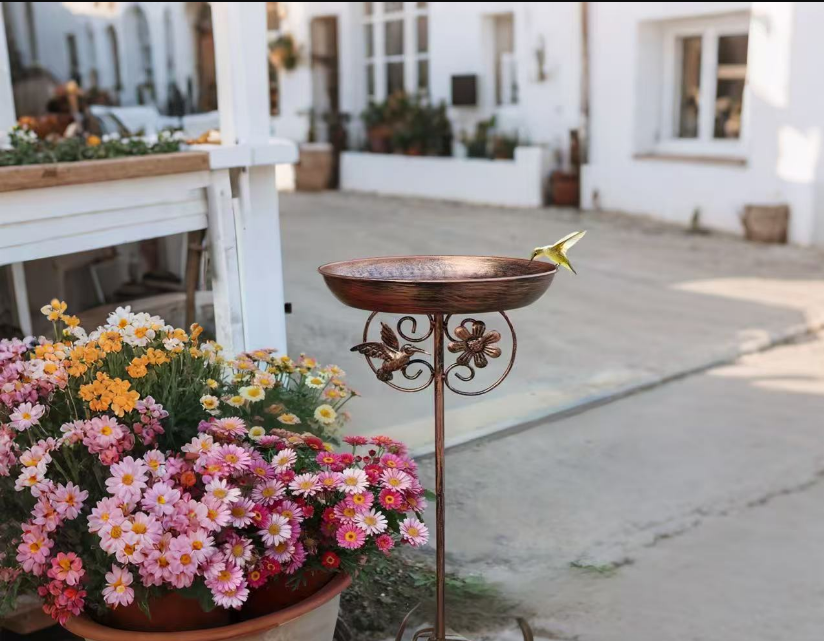 Antique Bronze Color Metal Bird Bath Stake Garden Feeder 79cm Copper Finish with Hummingbird Decor 5-Prong Base for Outdoor Lawns and Backyards