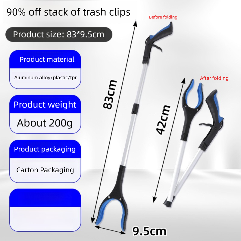 Blue and Black Handle Foldable Grabber Reacher Tool - 83cm Aluminium Litter Picker with Magnetic Tip - Lightweight Mobility Aid for Garden & Home Rubbish Cleanup