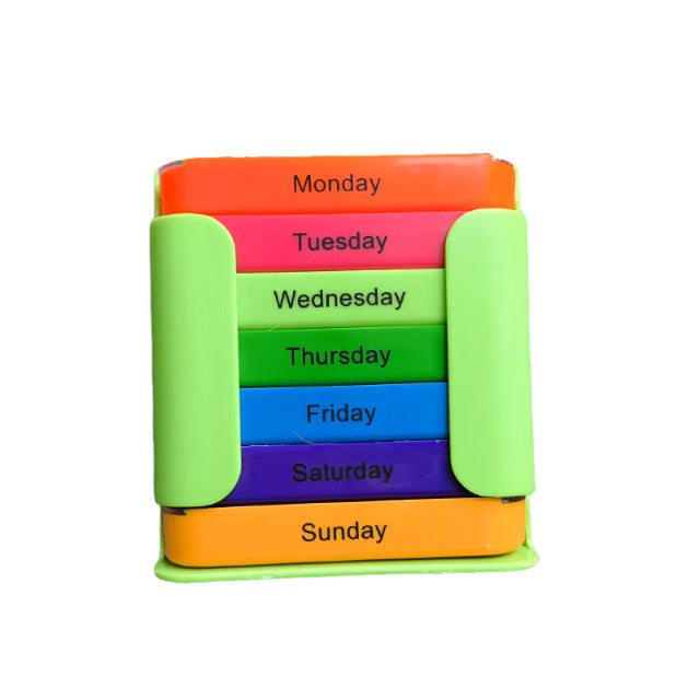 7 Day Weekly Pill Organiser Box - Rainbow Colour Coded Medicine Storage with 4 Daily Compartments - Portable Green Casing Dispenser for Home & Travel