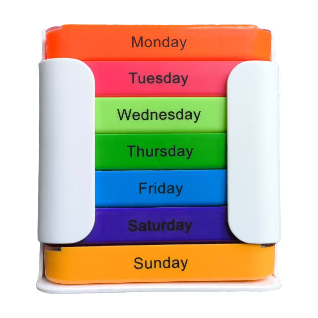 7 Day Weekly Pill Organiser Box - Rainbow Colour Coded Medicine Storage with 4 Daily Compartments - Portable White Casing Dispenser for Home & Travel
