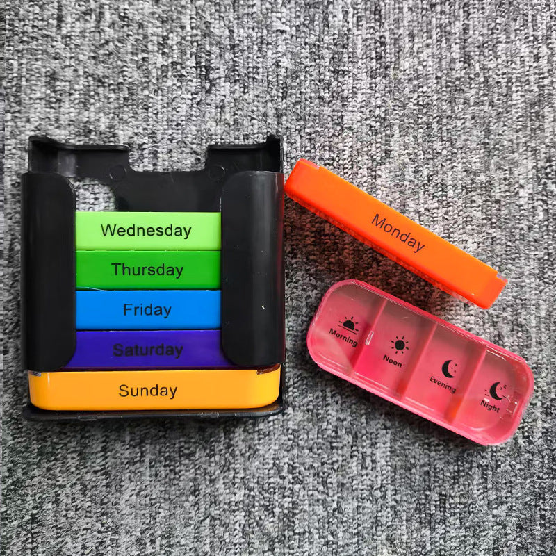 7 Day Weekly Pill Organiser Box - Rainbow Colour Coded Medicine Storage with 4 Daily Compartments - Portable Black Casing Dispenser for Home & Travel