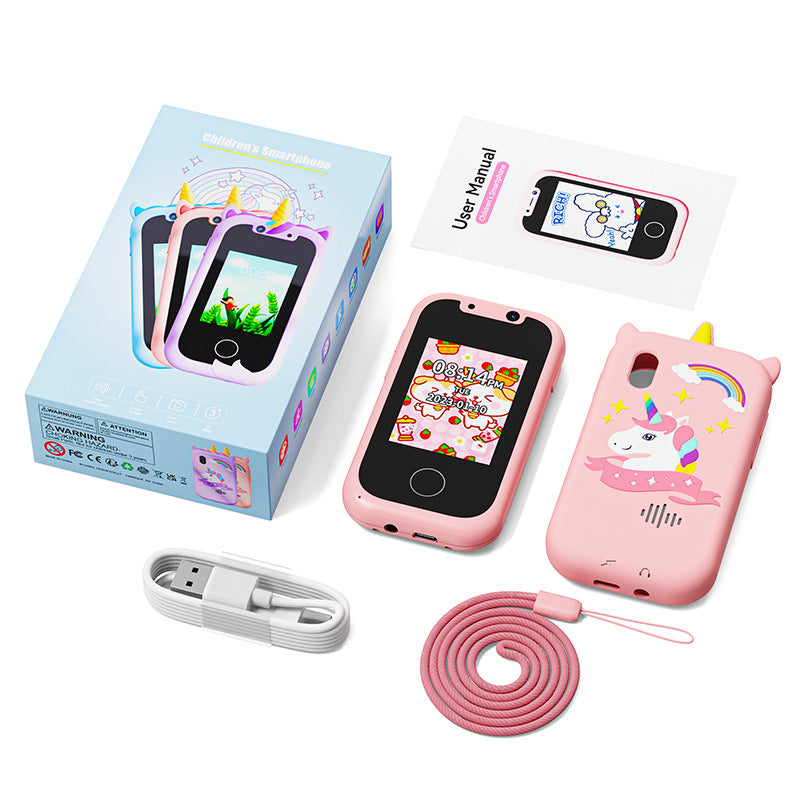 Kids Unicorn Smart Phone Toy with Dual Camera and IPS Touch Screen Educational Games MP3 Music Player 512MB Card Included Pink Silicone Case Ideal for Girls Gift