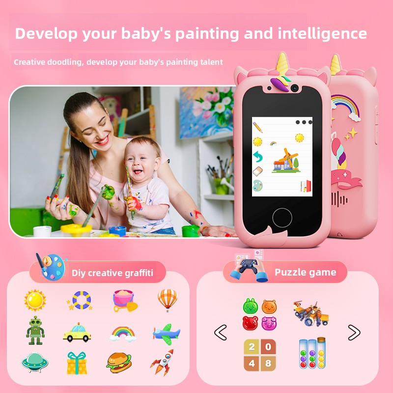 Kids Smart Phone Toy with Dual Camera and IPS Touch Screen Blue Dinosaur Silicone Case Educational Games MP3 Music Player 512MB Card Included Ideal Gift for Boys