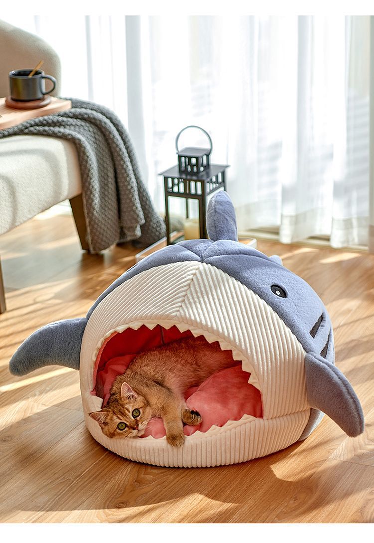 Novelty Shark Pet Cave Bed Enclosed Cozy Sleeping Nest for Cats and Small Dogs Soft Flannel Year Round Comfort Light Blue S Size