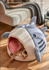 Novelty Shark Pet Cave Bed Enclosed Cozy Sleeping Nest for Cats and Small Dogs Soft Flannel Year Round Comfort Light Gray M Size
