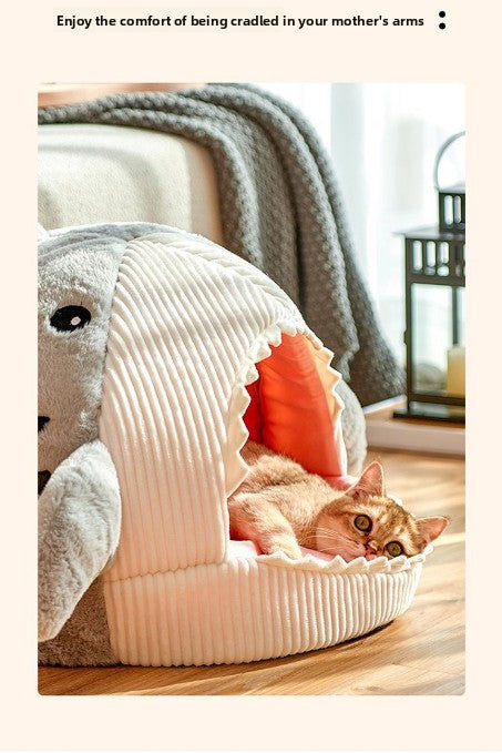 Novelty Shark Pet Cave Bed Enclosed Cozy Sleeping Nest for Cats and Small Dogs Soft Flannel Year Round Comfort Light Gray M Size