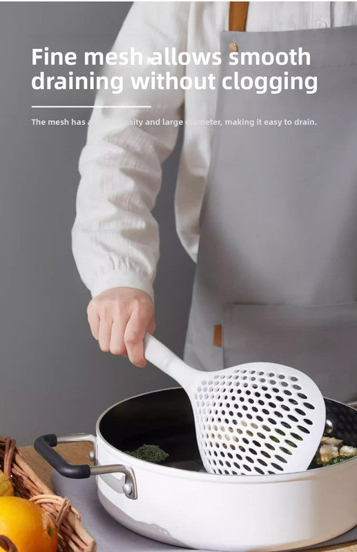 2 Pack Large Skimmer Slotted Spoon Colander Scoop - Long Handle Heat Resistant Food Strainer for Pasta, Noodles & Dumplings - White & Orange