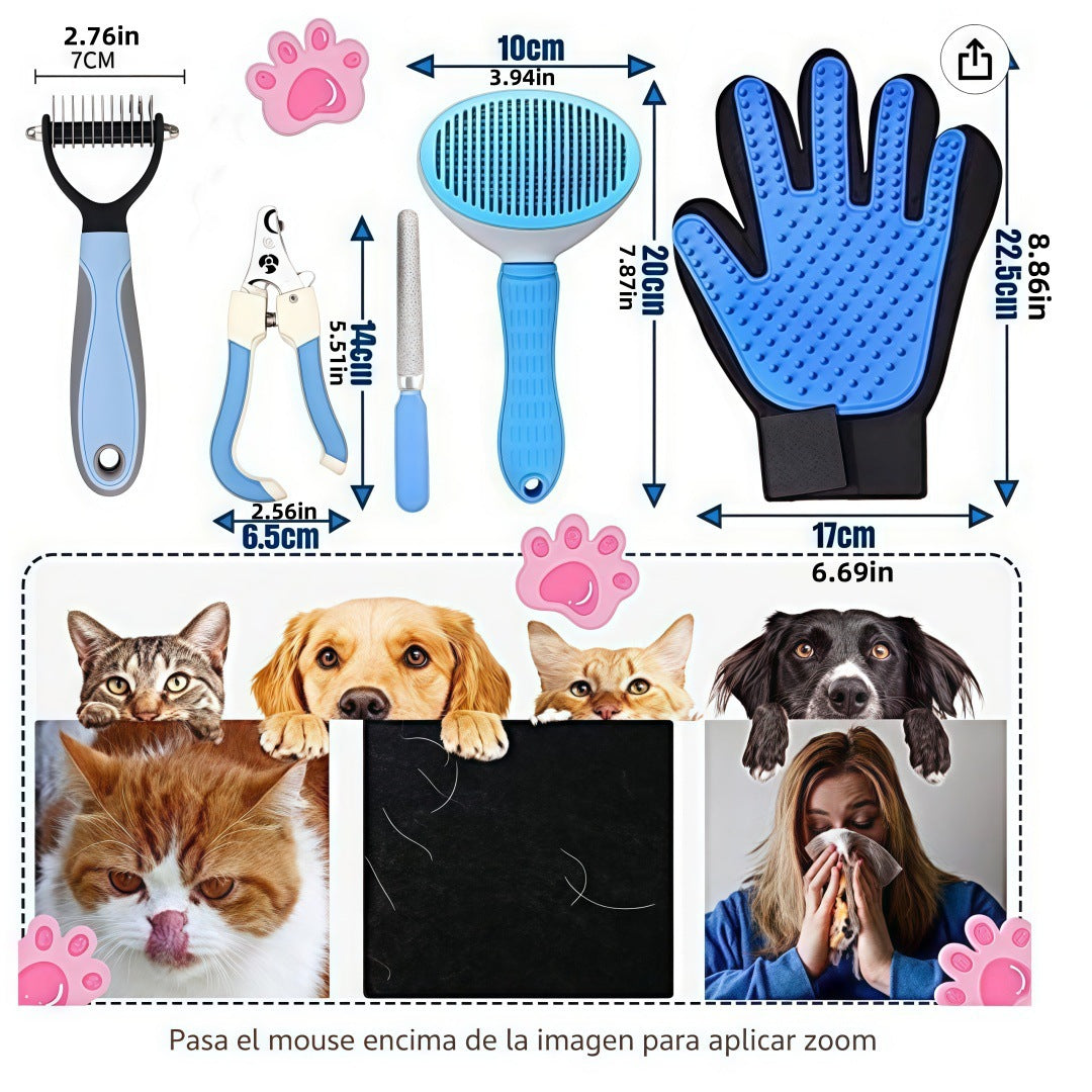 5-in-1 Pet Grooming Kit Pink - Stainless Steel Deshedding Rake, Self-Cleaning Slicker Brush, Grooming Glove & Nail Trimmer Set for Dogs & Cats