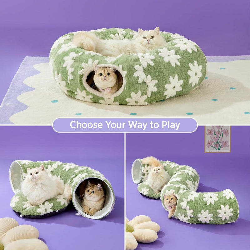 2-in-1 Cat Tunnel Bed Purple Daisy 80cm - Plush Donut Pet Cave & Play Tube - Detachable Washable Cushion & Interactive Hanging Toy for Indoor Cats