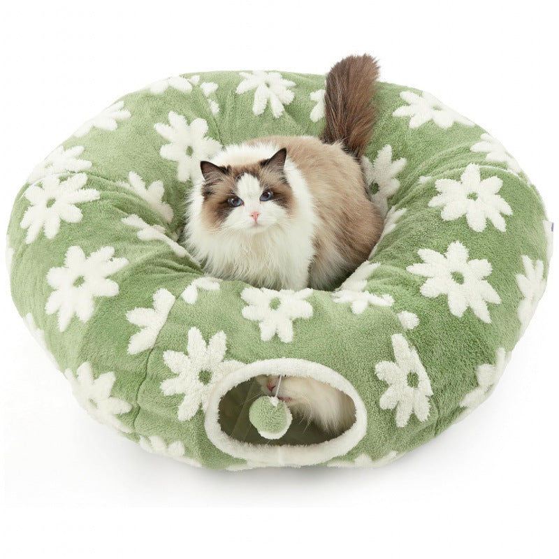 2-in-1 Cat Tunnel Bed Purple Daisy 80cm - Plush Donut Pet Cave & Play Tube - Detachable Washable Cushion & Interactive Hanging Toy for Indoor Cats