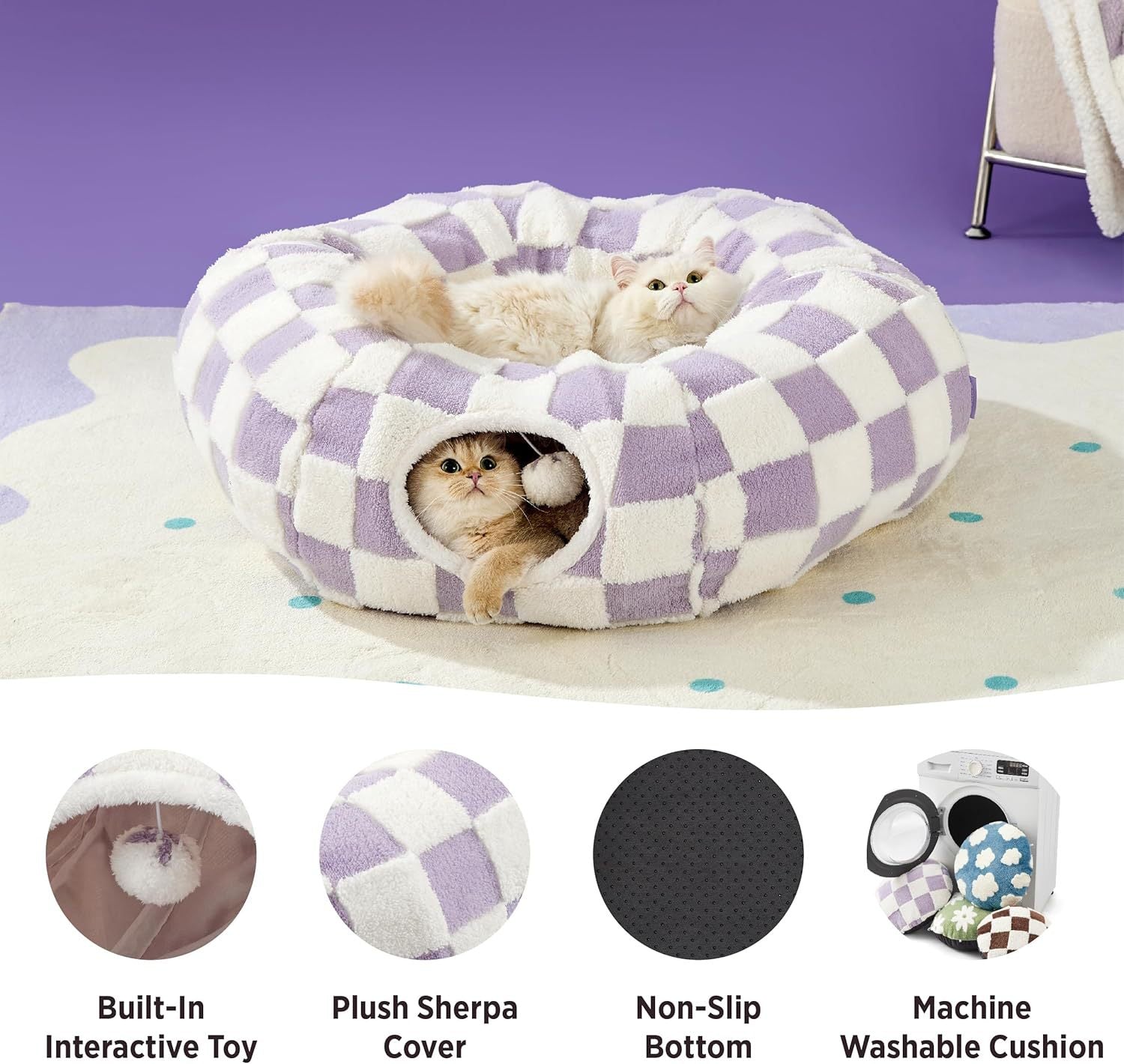 2-in-1 Cat Tunnel Bed Purple Daisy 80cm - Plush Donut Pet Cave & Play Tube - Detachable Washable Cushion & Interactive Hanging Toy for Indoor Cats