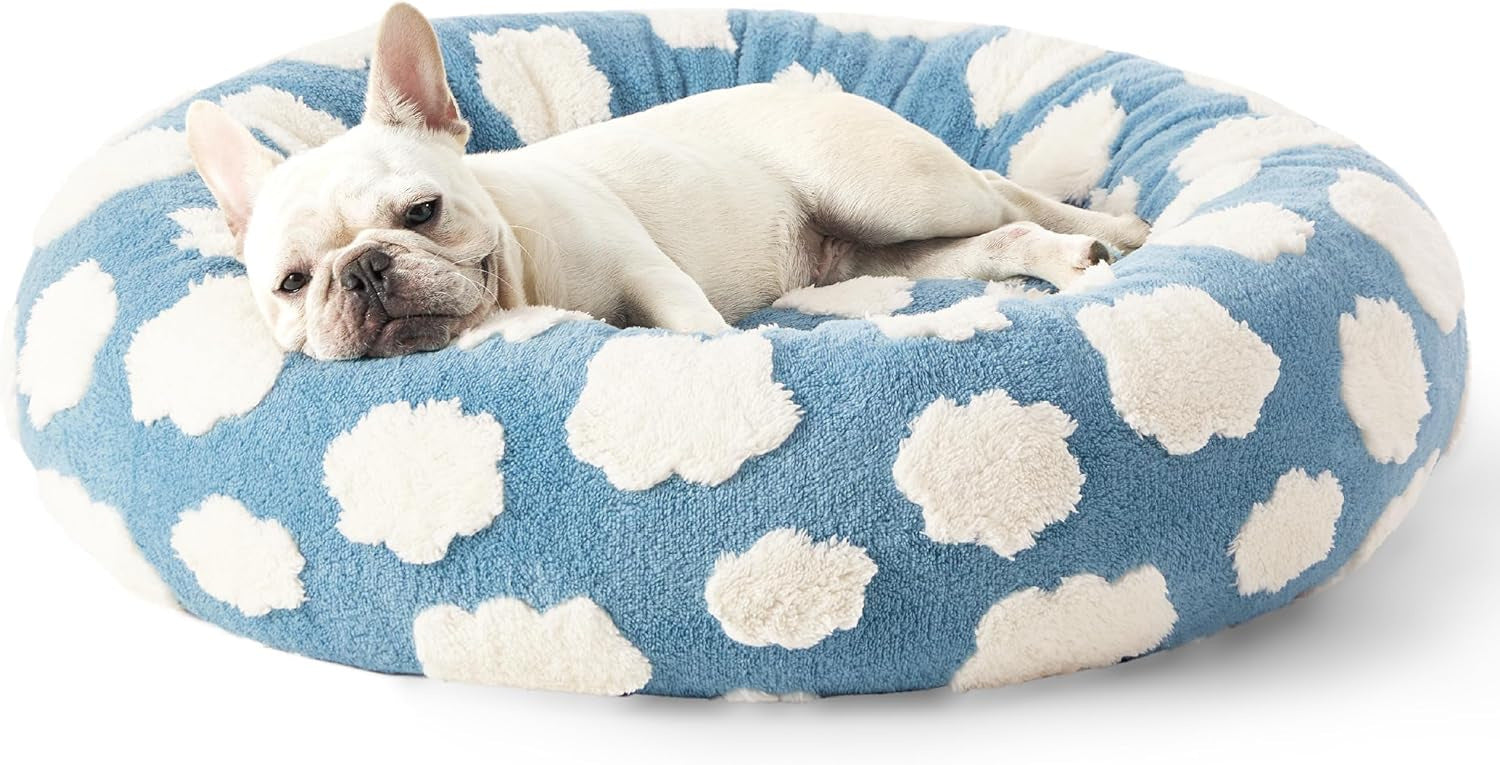 50cm Round Pet Bed Blue Sky & Clouds Design - Soft Plush Donut Cuddler for Small Dogs & Cats - Calming Anxiety Relief & All-Season Comfort