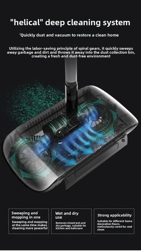 2-in-1 Manual Push Sweeper & Mop with Two Original Clothes - Handheld Floor Cleaner with Sealed Dustbin - Lightweight Cordless Design for Hardwood, Tile, and Marble Floors - Blue