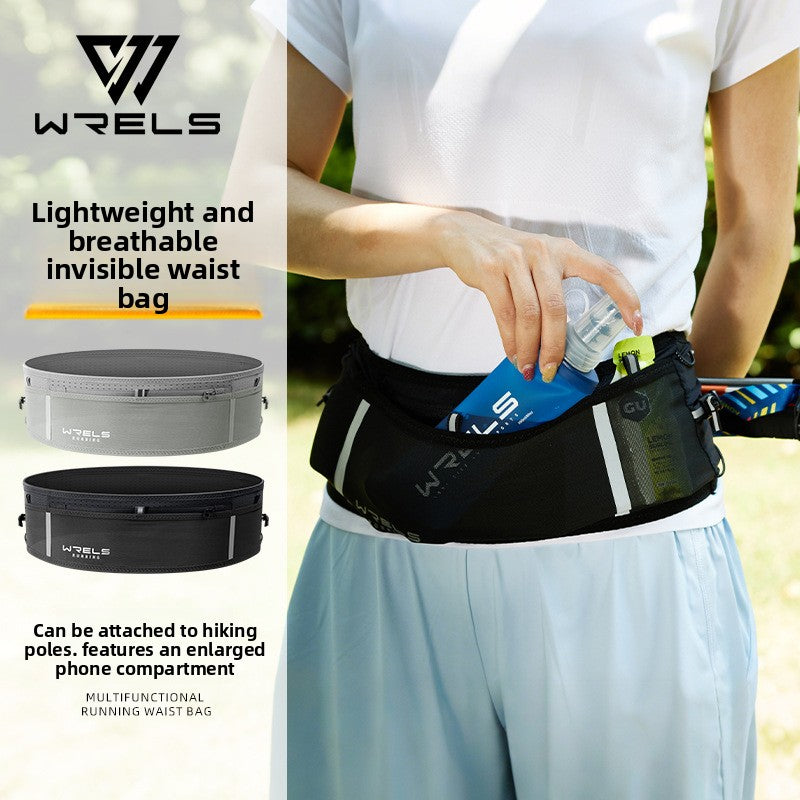 WRELS Trail Running Waist Belt - Lightweight Mesh Hydration Pack with Trekking Pole Holder - Anti-Bounce Phone Storage for Marathon & Hiking - Gray Size S (67-75cm)