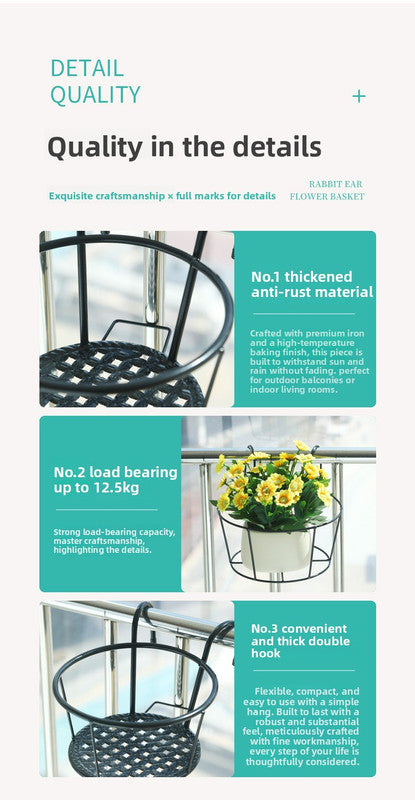 Hanging Flower Pot Holder Metal Balcony Railing Planter Basket Round Iron Rack with Mesh Bottom Fits up to 6cm Rail for Fence & Patio Black