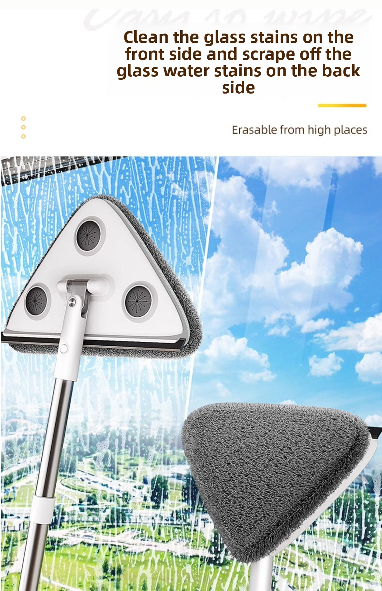 Adjustable Triangle Cleaning Mop 119cm Long Handle Window Squeegee Wall Washer Rotatable Head for Ceilings High Corners Wet Dry Use with 2 Microfibre Pads