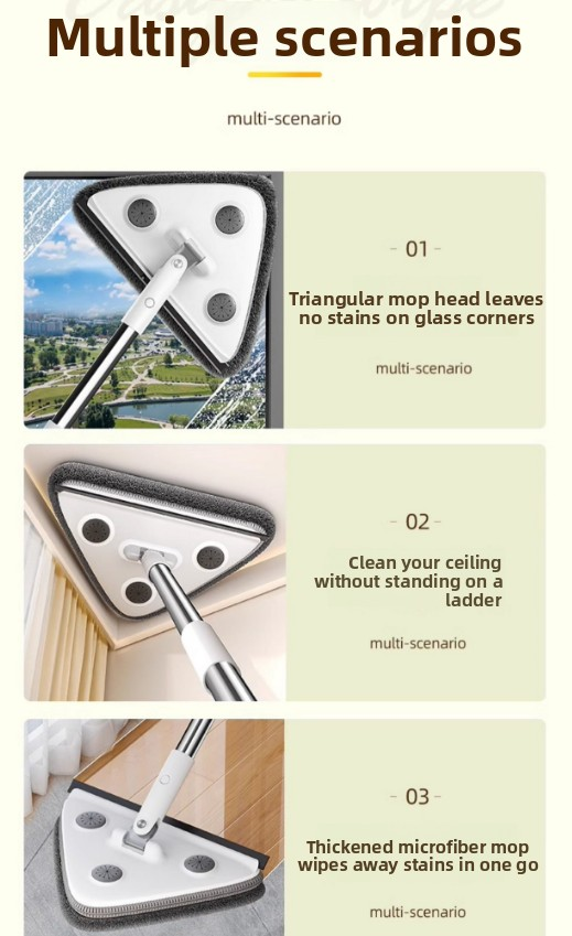 Adjustable Triangle Cleaning Mop 119cm Long Handle Window Squeegee Wall Washer Rotatable Head for Ceilings High Corners Wet Dry Use with 2 Microfibre Pads