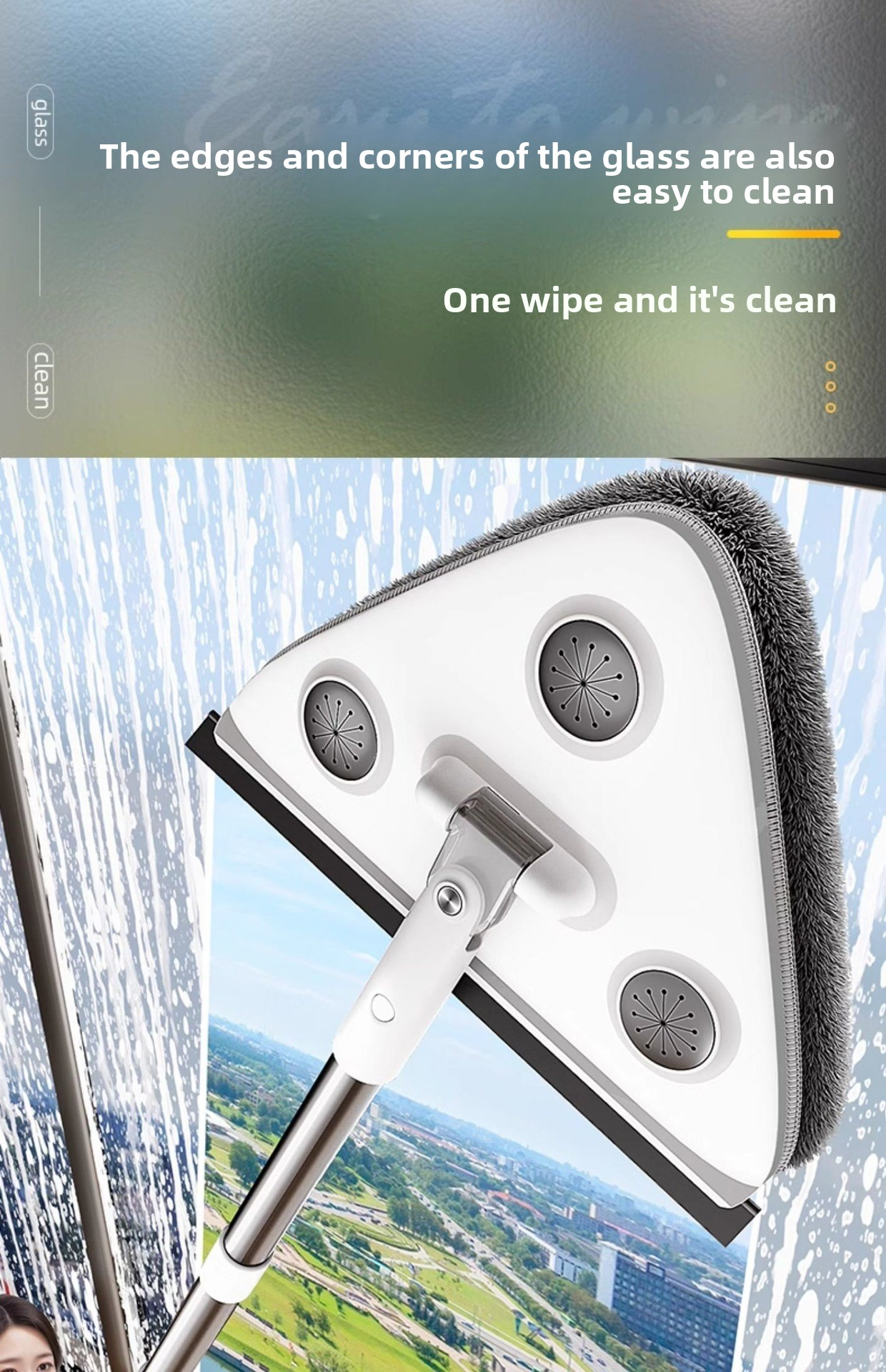 Adjustable Triangle Cleaning Mop 119cm Long Handle Window Squeegee Wall Washer Rotatable Head for Ceilings High Corners Wet Dry Use with 4 Microfibre Pads