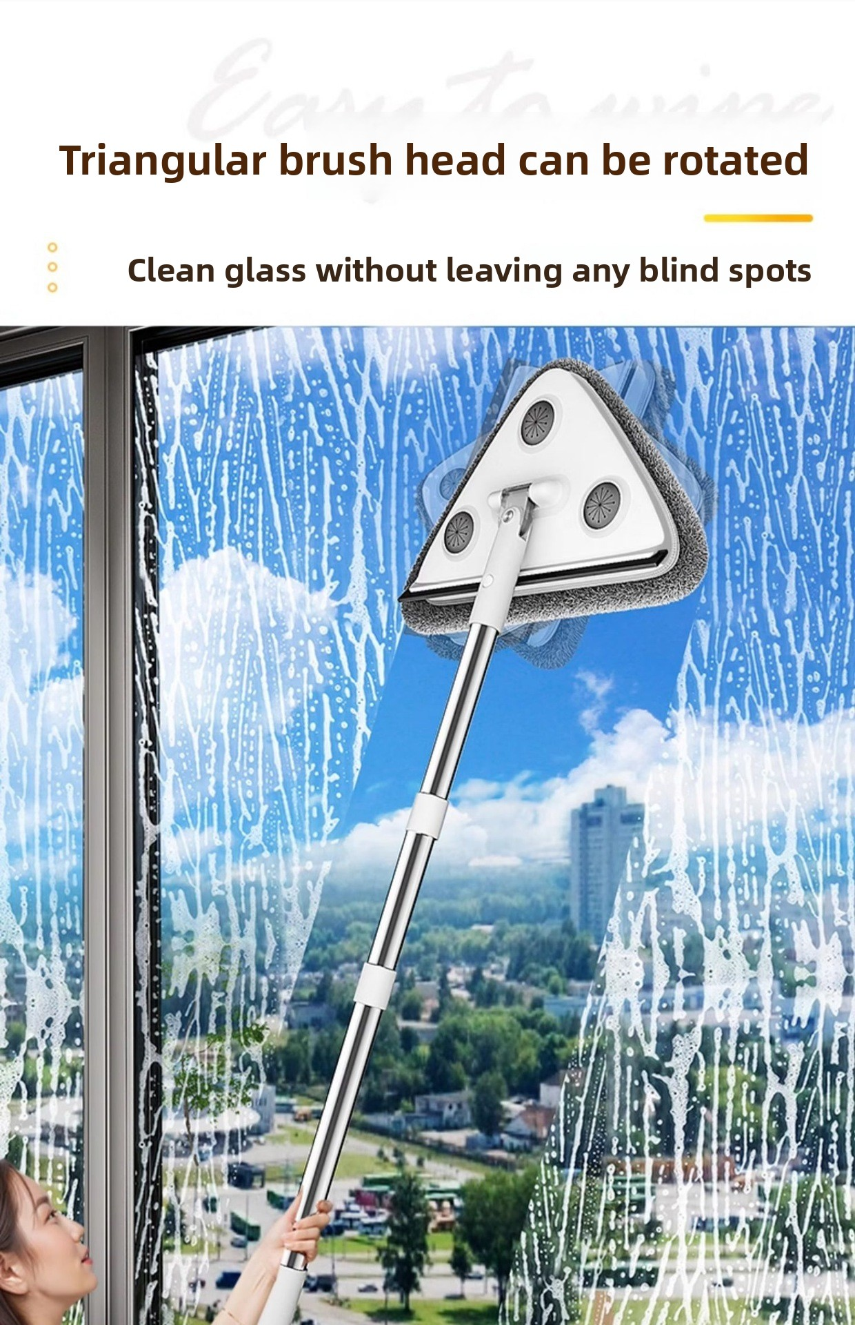 Large 35cm Triangle Cleaning Mop with Extra Long 188cm Reinforced Handle Window Squeegee & 2 Microfibre Pads for High Ceilings