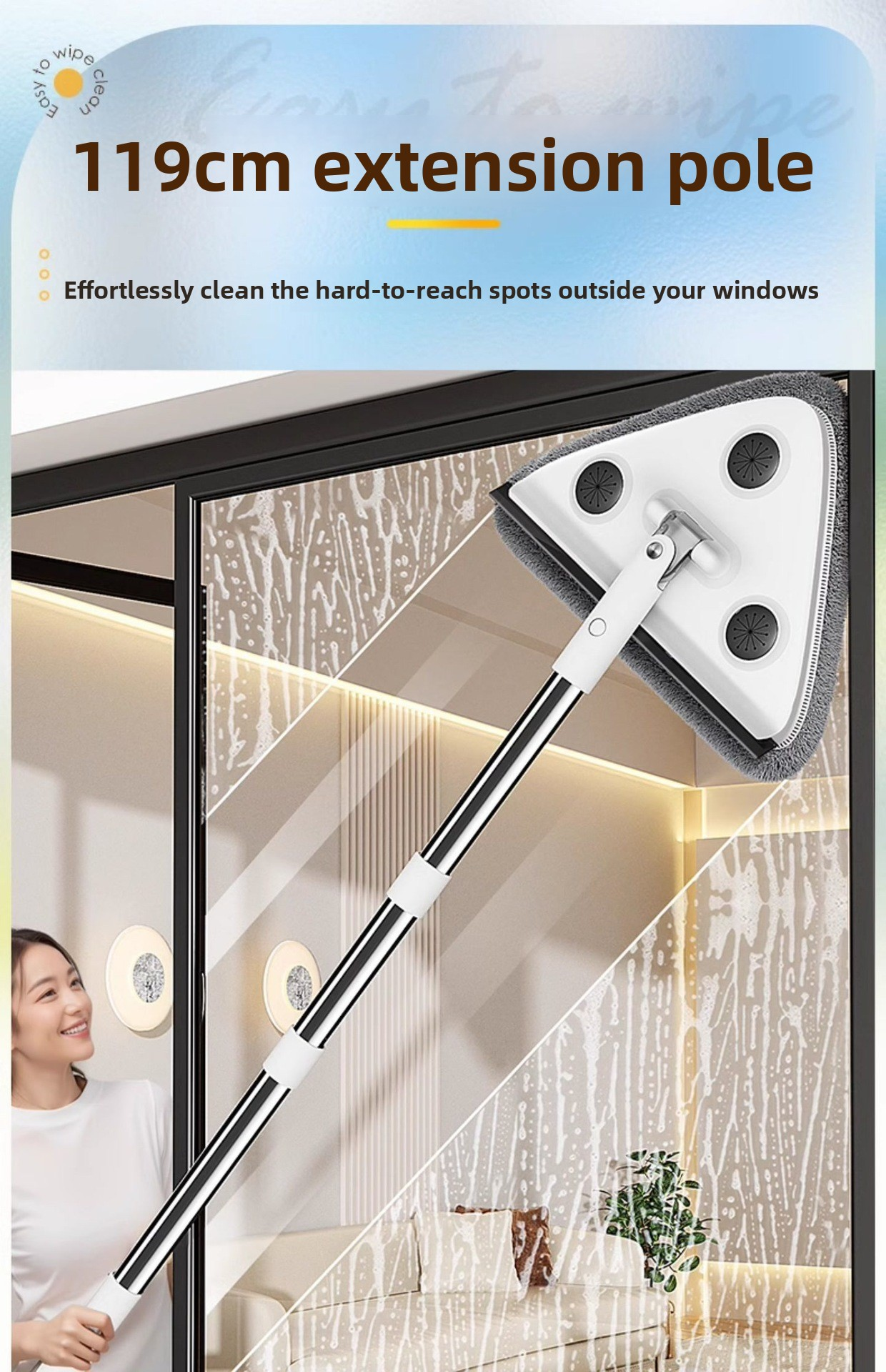 Large 35cm Triangle Cleaning Mop with Extra Long 188cm Reinforced Handle Window Squeegee & 2 Microfibre Pads for High Ceilings