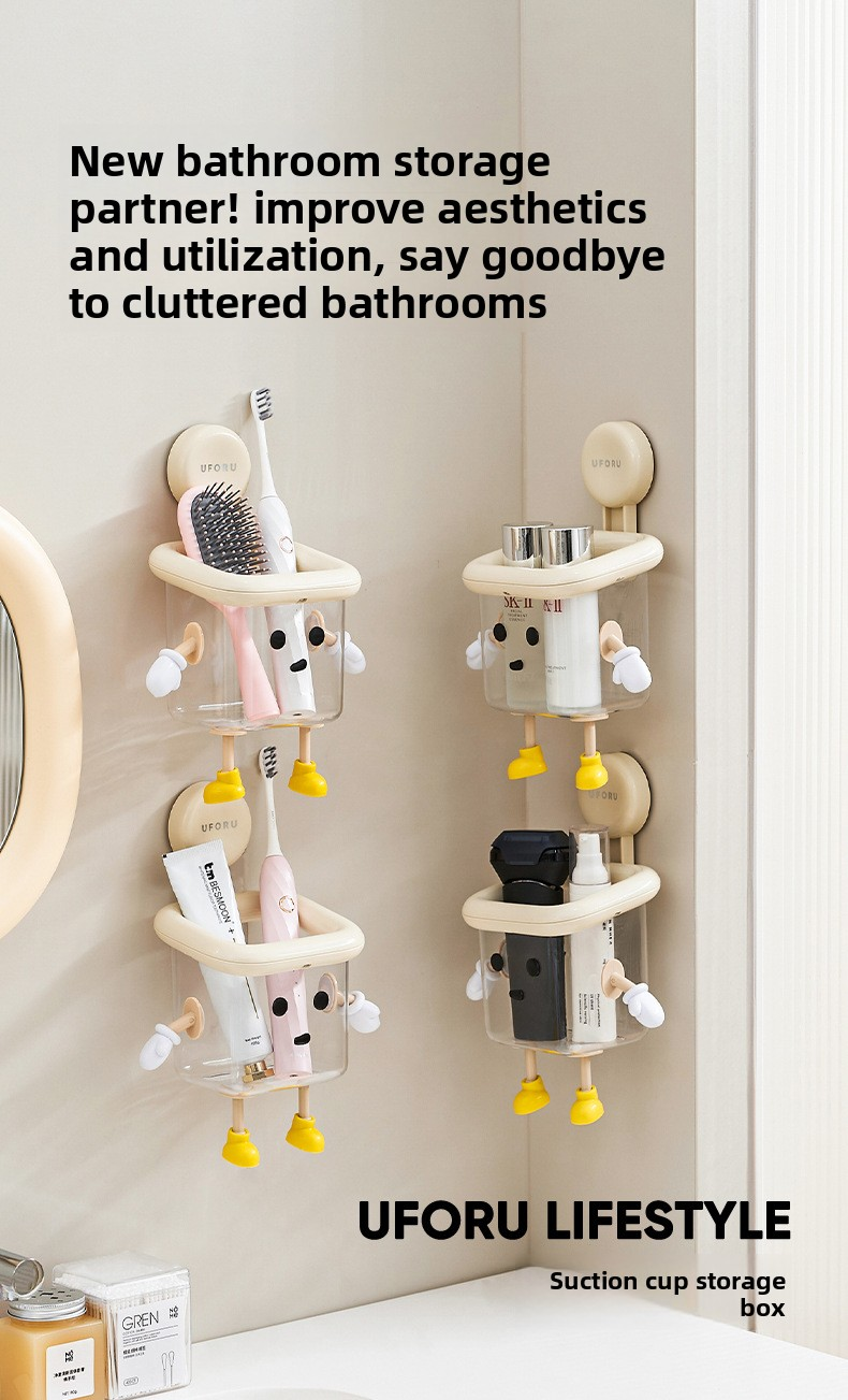 Cute Suction Cup Bathroom Organizer Wall Mounted Toothbrush Holder No Drill Storage Caddy with Drainage Holes for Electric Toothbrush Razor Toothpaste Cream White