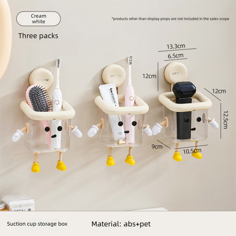 3 PCS Cute Suction Cup Bathroom Organizer Wall Mounted Toothbrush Holder No Drill Storage Caddy with Drainage Holes for Electric Toothbrush Razor Cream White