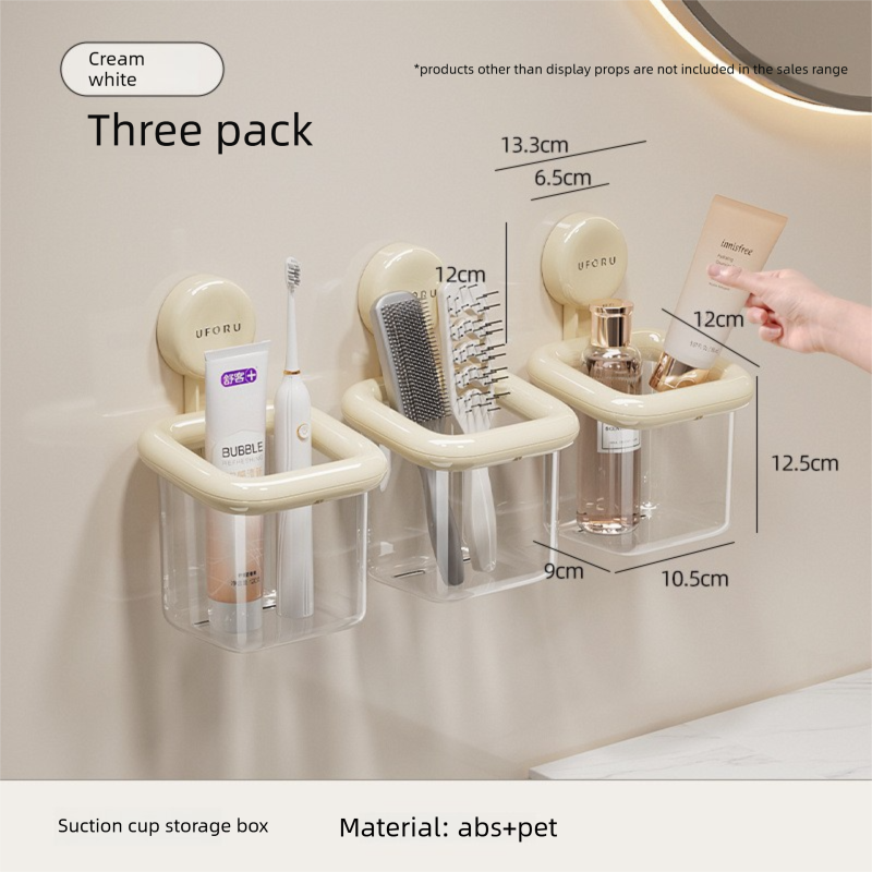 3 PCS Suction Cup Bathroom Organizer Wall Mounted Toothbrush Holder No Drill Storage Caddy with Drainage for Electric Toothbrush Razor Toothpaste Cream White