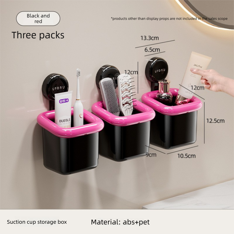 3 Pack Suction Cup Bathroom Organizer Wall Mounted Toothbrush Holder No Drill Storage Caddy with Drainage for Electric Toothbrush Razor Makeup Black & Pink