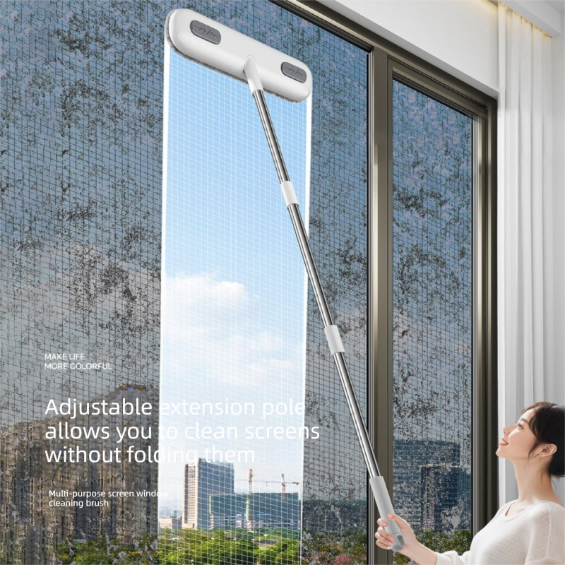 2-in-1 Window Fly Screen Cleaner Brush with Extendable 82cm Stainless Steel Handle Multifunctional Mesh Cleaning Tool for Wet and Dry Use on Glass and Carpets