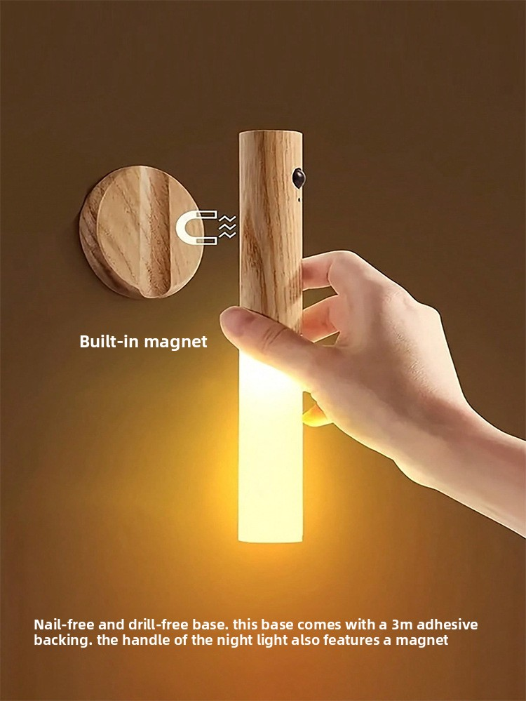 Brown Wood Grain Motion Sensor Night Light LED Rechargeable Magnetic Stick Wall Lamp Wireless Smart Batten Light for Hallway Staircase Bedroom Warm White
