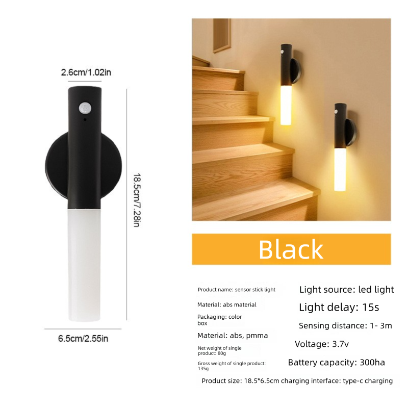 Matte Black Motion Sensor Night Light LED Rechargeable Magnetic Stick Wall Lamp Smart Wireless Batten for Hallway Staircase Modern Style Warm White