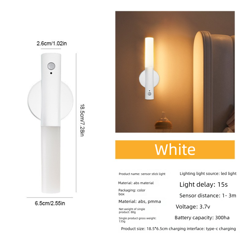 White Motion Sensor Night Light LED Rechargeable Magnetic Stick Wall Lamp Smart Wireless Batten for Hallway Staircase Nursery Warm White