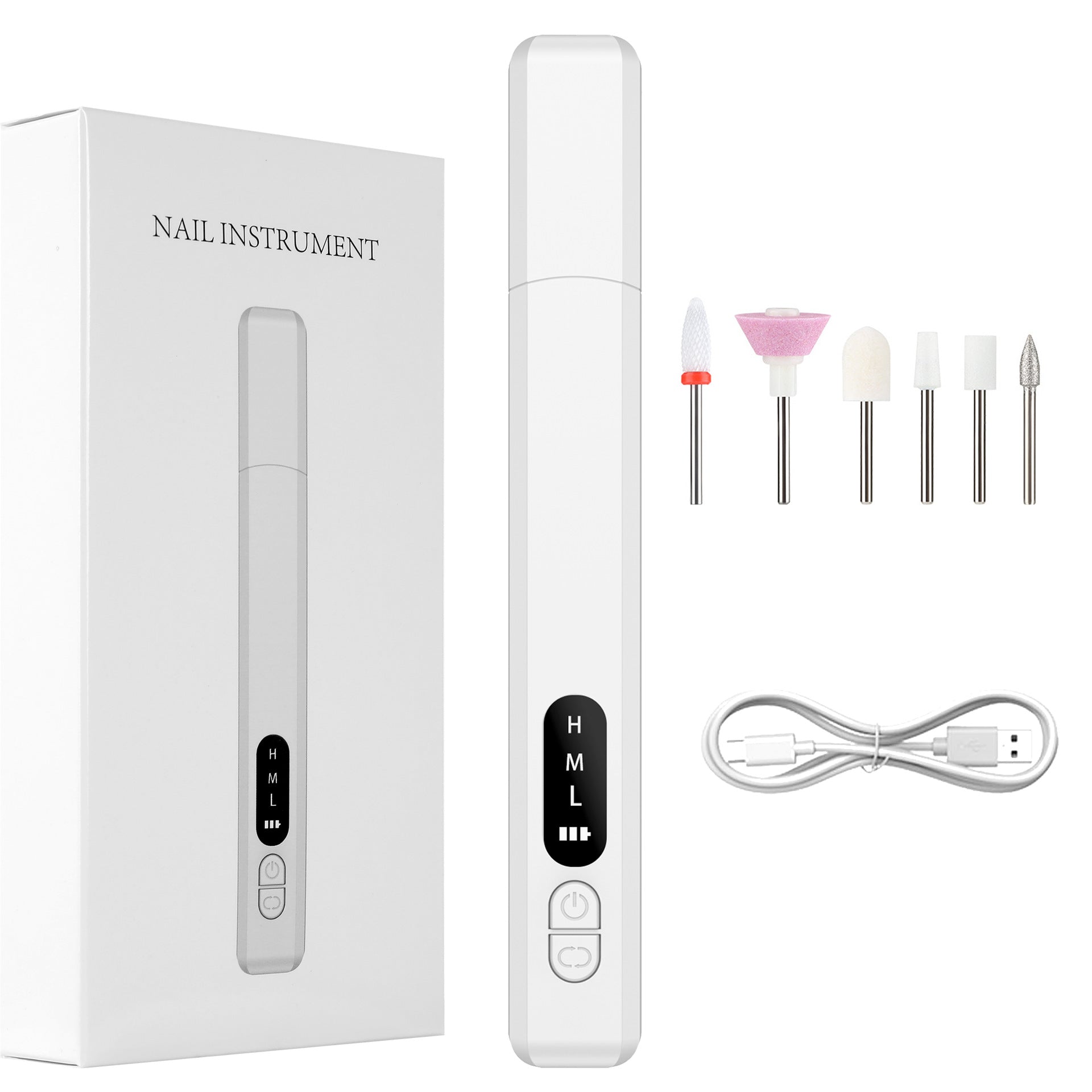 Electric Nail Drill Pen Cordless Rechargeable E-File Ultra Lightweight 27g with LED Display 3 Speeds Type-C Portable Manicure Kit for Gel Removal White