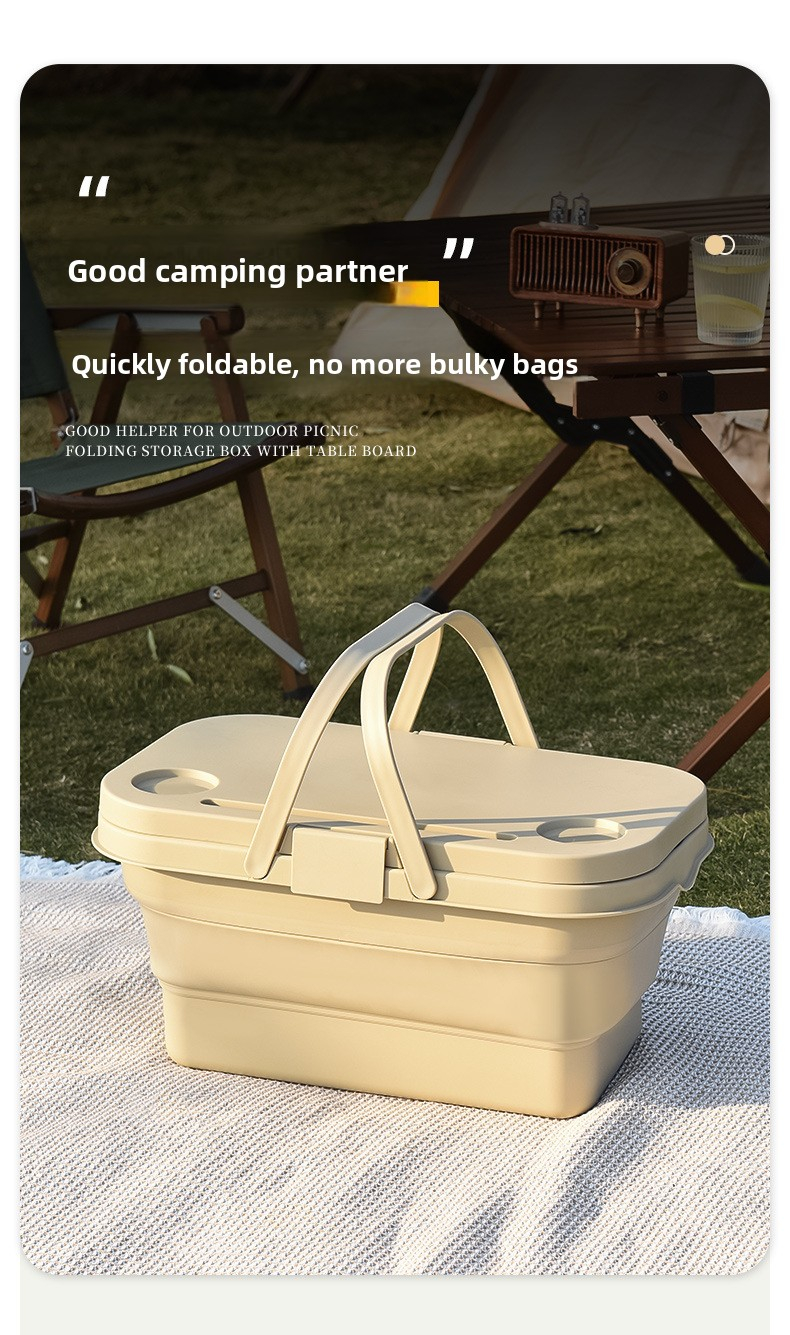 Collapsible Picnic Basket with Mini Table Lid Portable Folding Storage Crate with Cup Holders and Phone Stand Multi-Functional Outdoor Camping Sink Basin Khaki