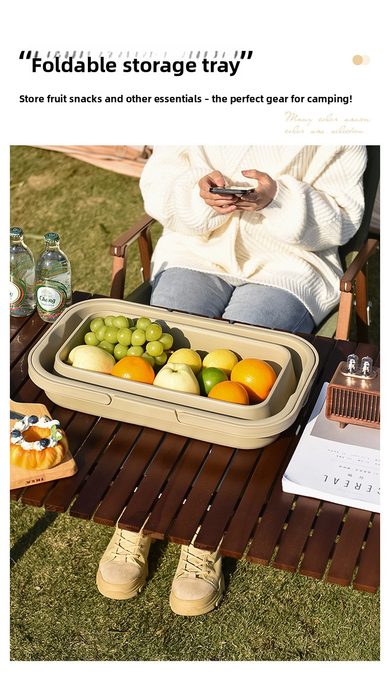 Collapsible Picnic Basket with Mini Table Lid Portable Folding Storage Crate with Cup Holders and Phone Stand Multi-Functional Outdoor Camping Sink Basin Khaki