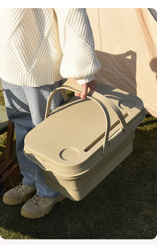 Collapsible Picnic Basket with Mini Table Lid Portable Folding Storage Crate with Cup Holders and Phone Stand Multi-Functional Outdoor Camping Sink Basin Green