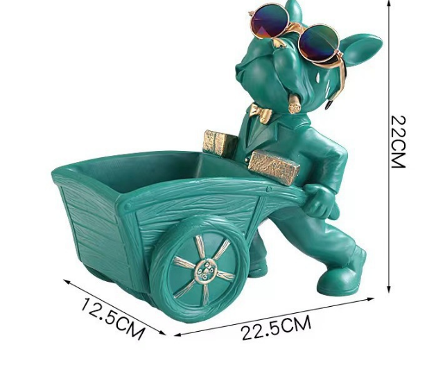 French Bulldog Pushing Wheelbarrow Storage Figurine Resin Statue Key Bowl Candy Dish Entryway Organiser Home Decor Gift Green