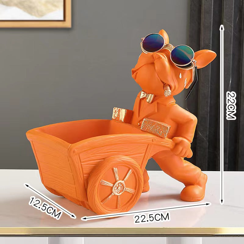 French Bulldog Pushing Wheelbarrow Storage Figurine Resin Statue Key Bowl Candy Dish Entryway Organiser Home Decor Gift Orange