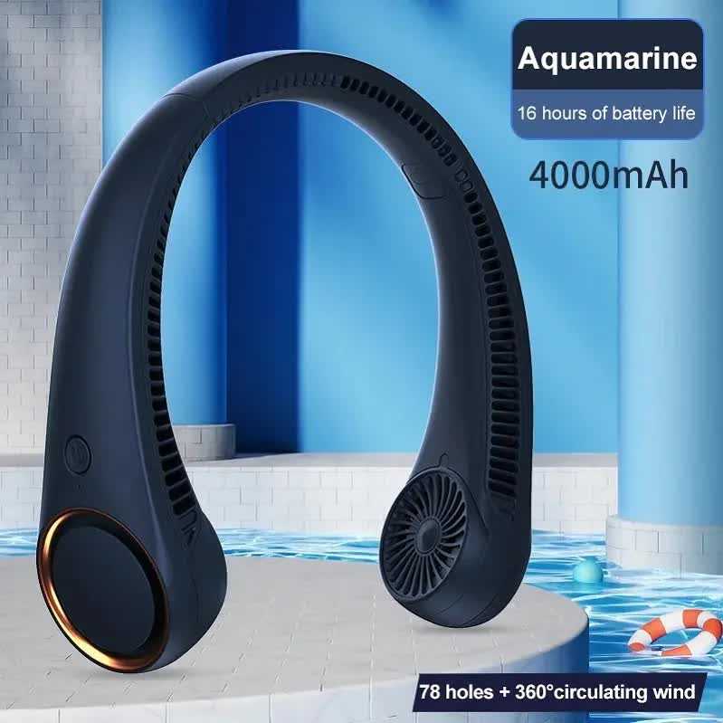 Portable Neck Fan 4000mAh Rechargeable Bladeless Personal Fan 3 Speeds Quiet Hands Free Cooling Device with 360 Airflow USB Type-C for Travel Outdoor Blue