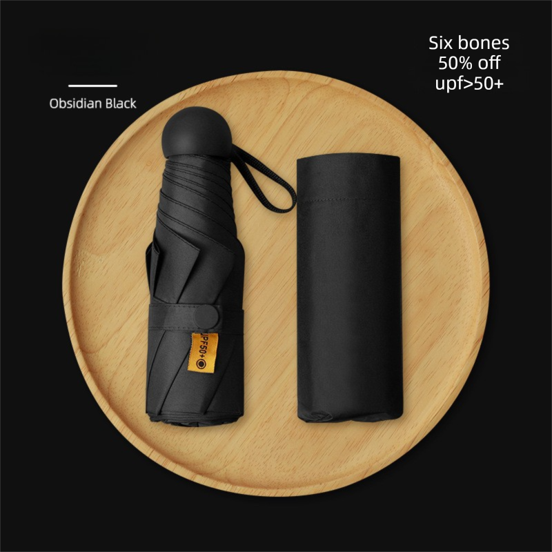Mini Capsule Umbrella UPF 50+ Sun Protection Compact Pocket Parasol Lightweight Travel Rain Shade Windproof 6 Ribs UV Block Obsidian Black